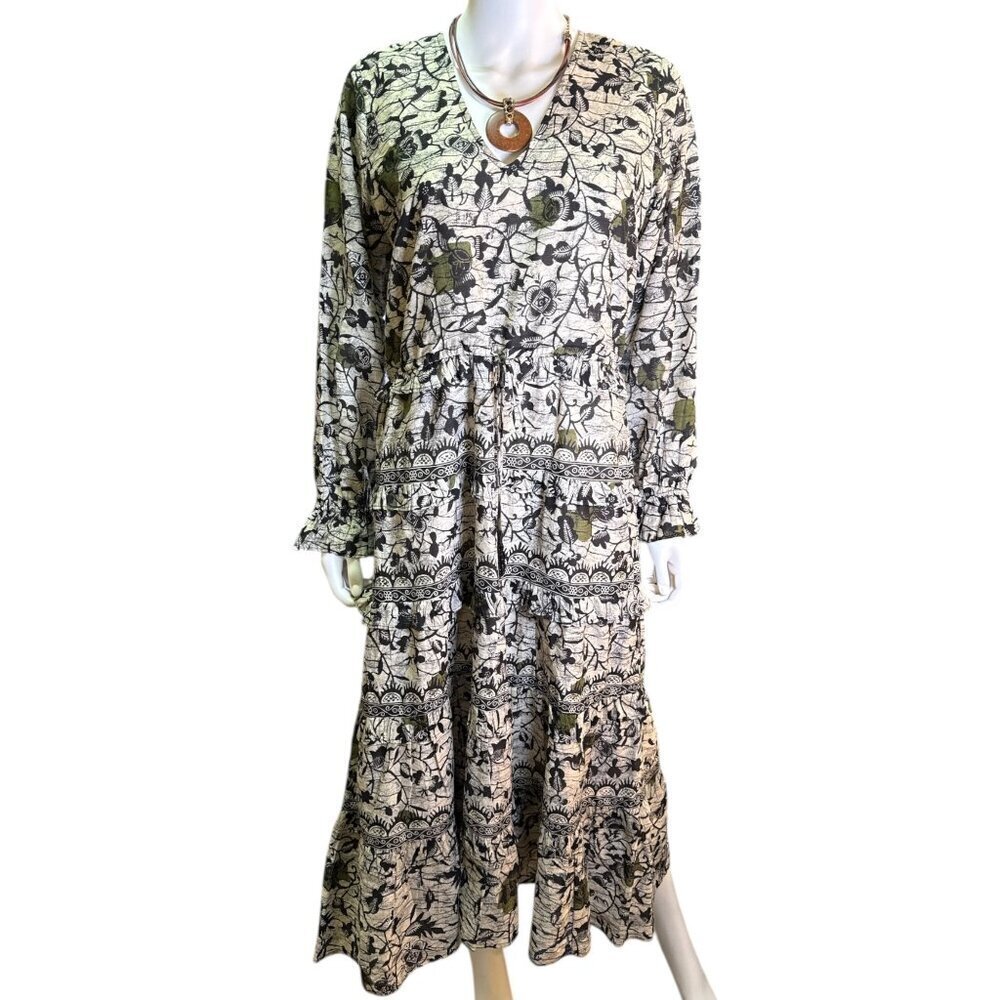 Caroline Constas Maxi Ivory/Black/Green Long Sleeve Floral Print Dress Sz M NWT